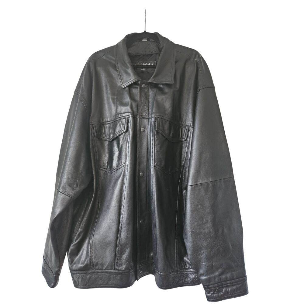 Vintage Leather Network USA Genuine Leather Jacket Mens Black Snap Front XXL